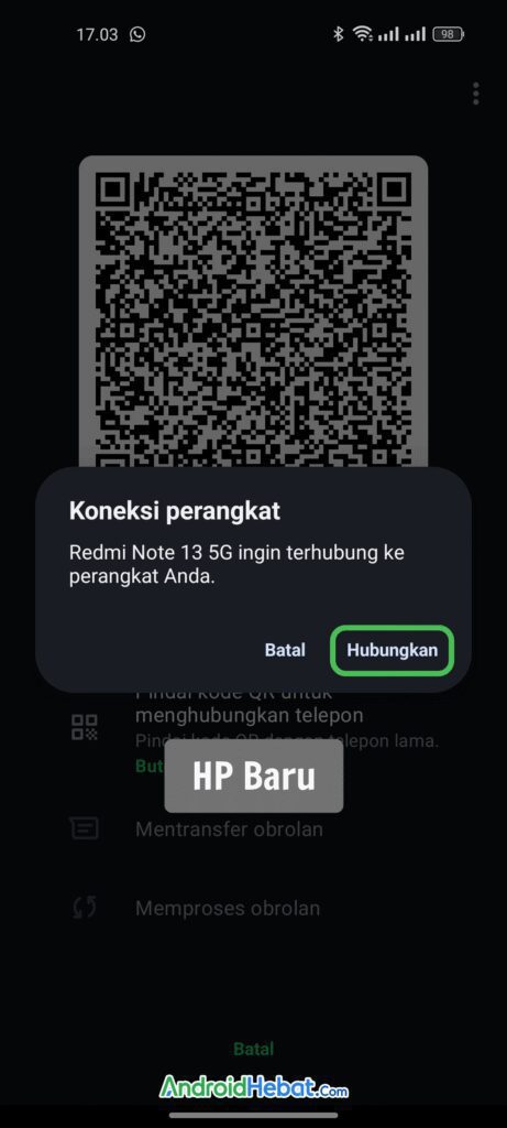 Konfirmasi koneksi perangkat WhatsApp dengan tombol Hubungkan di HP baru