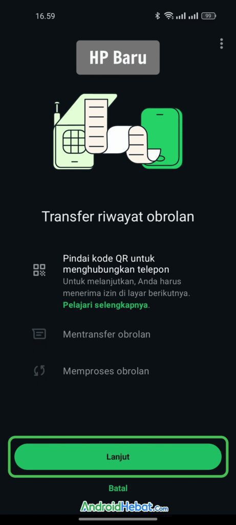 Layar transfer riwayat obrolan WhatsApp di HP baru sebelum memindai kode QR