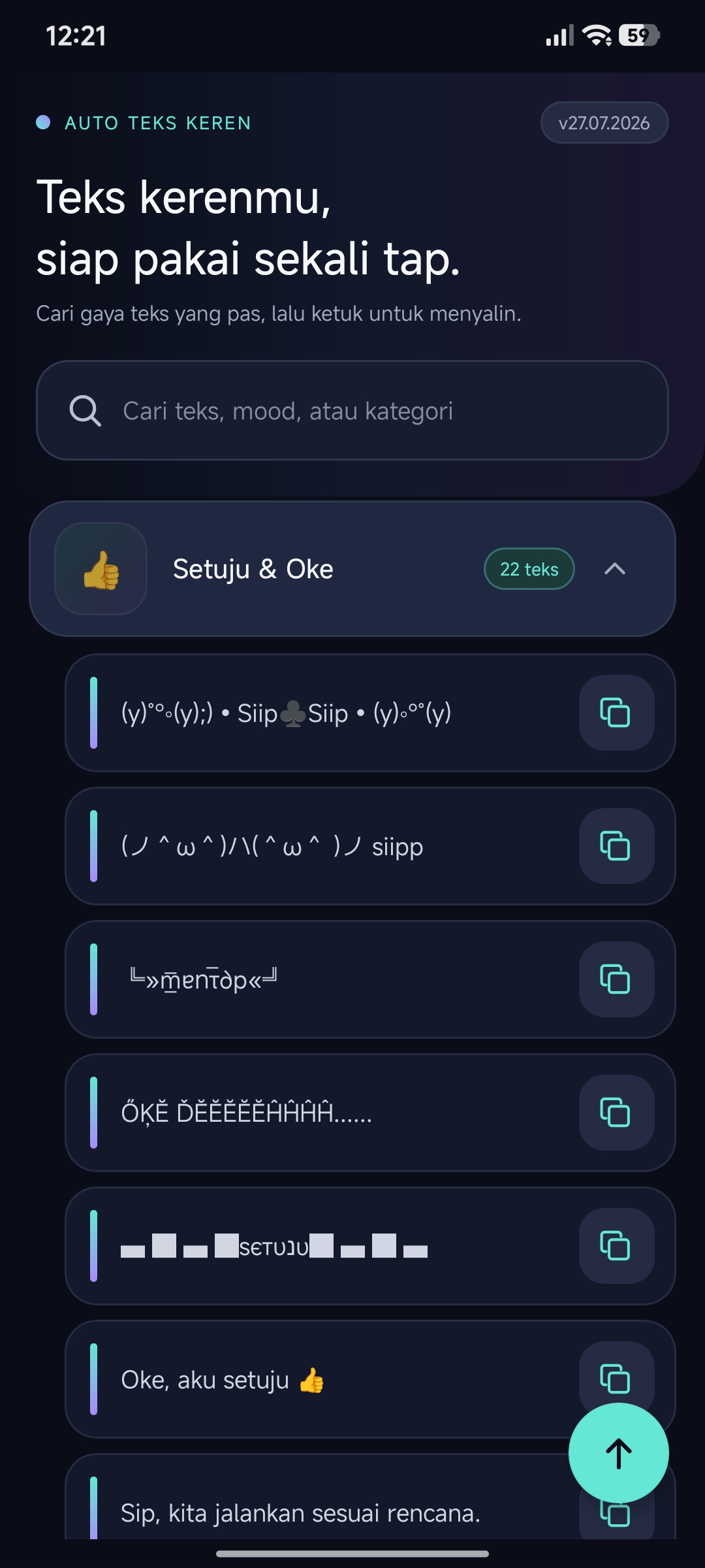 fitur kategori auto text di aplikasi Auto Text Keren Android