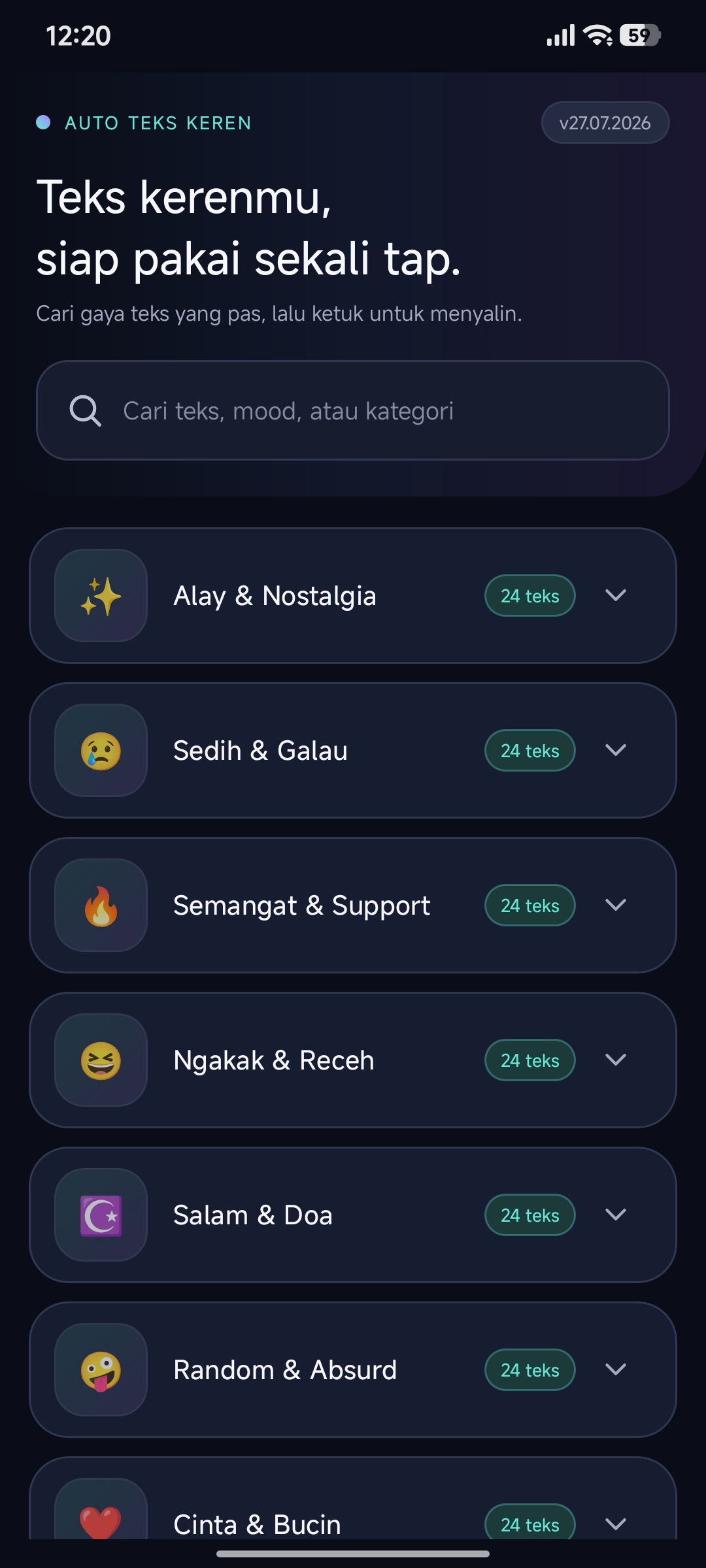 tampilan aplikasi Auto Text Keren, kumpulan auto text terlengkap untuk chat di Android