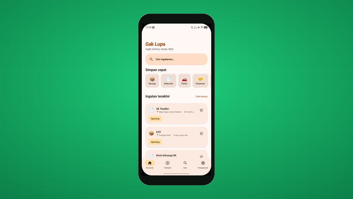 Tampilan aplikasi Gak Lupa di Android, aplikasi catatan penting yang aman, cepat, dan offline
