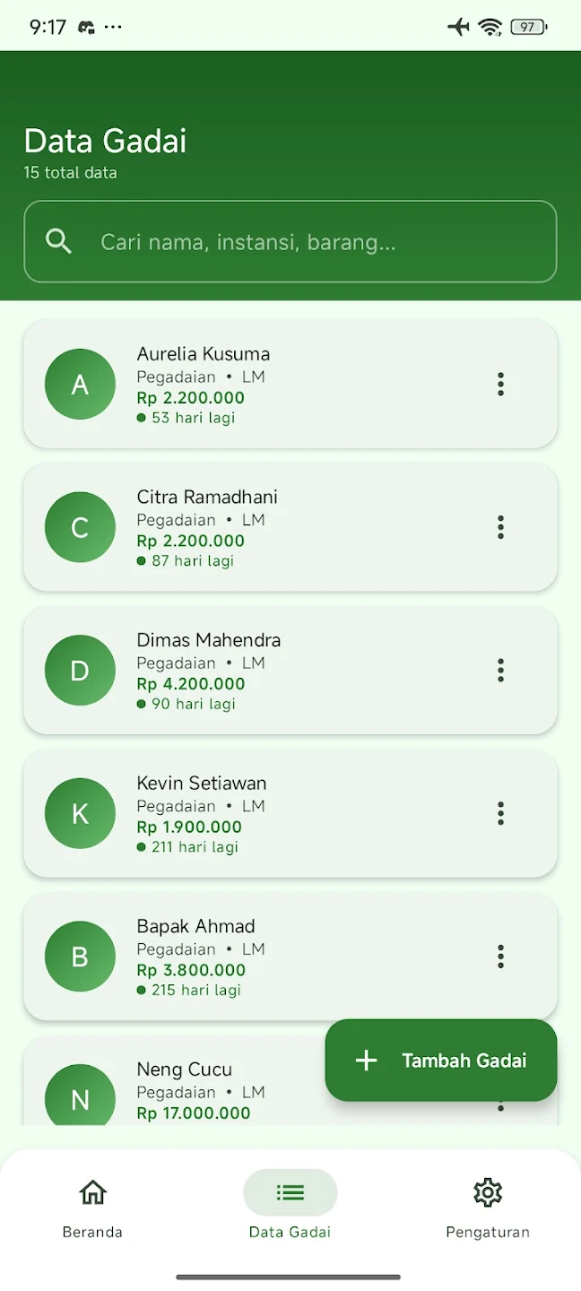 cara memperbarui status gadai di aplikasi Catat Gadai Android