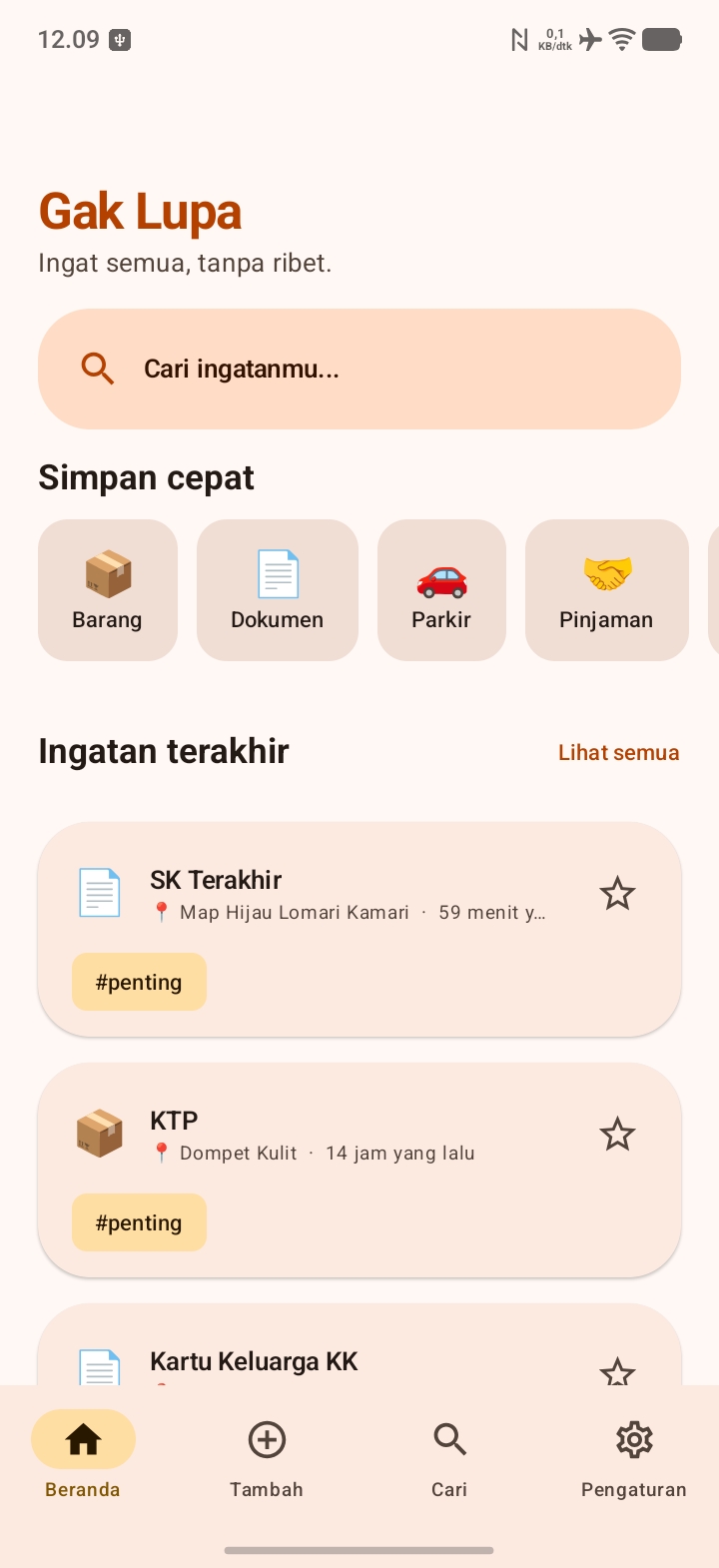contoh catatan penting yang sering disimpan di aplikasi Gak Lupa Android