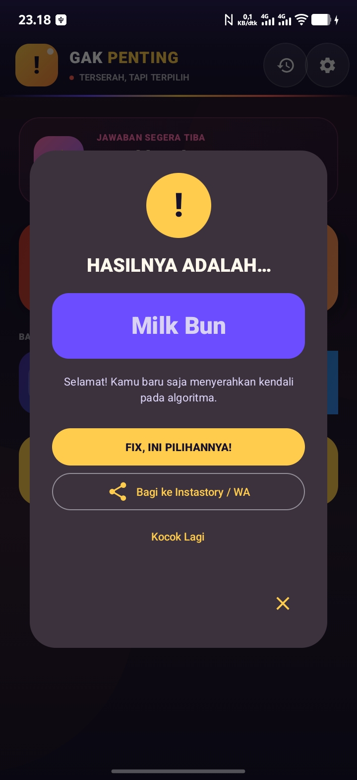 hasil roda putar di aplikasi Gak Penting Android yang menentukan pilihan